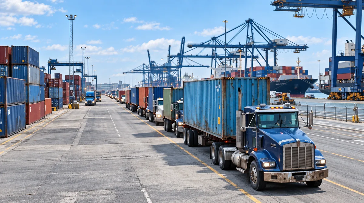 Illustration of container trucks queued at a port